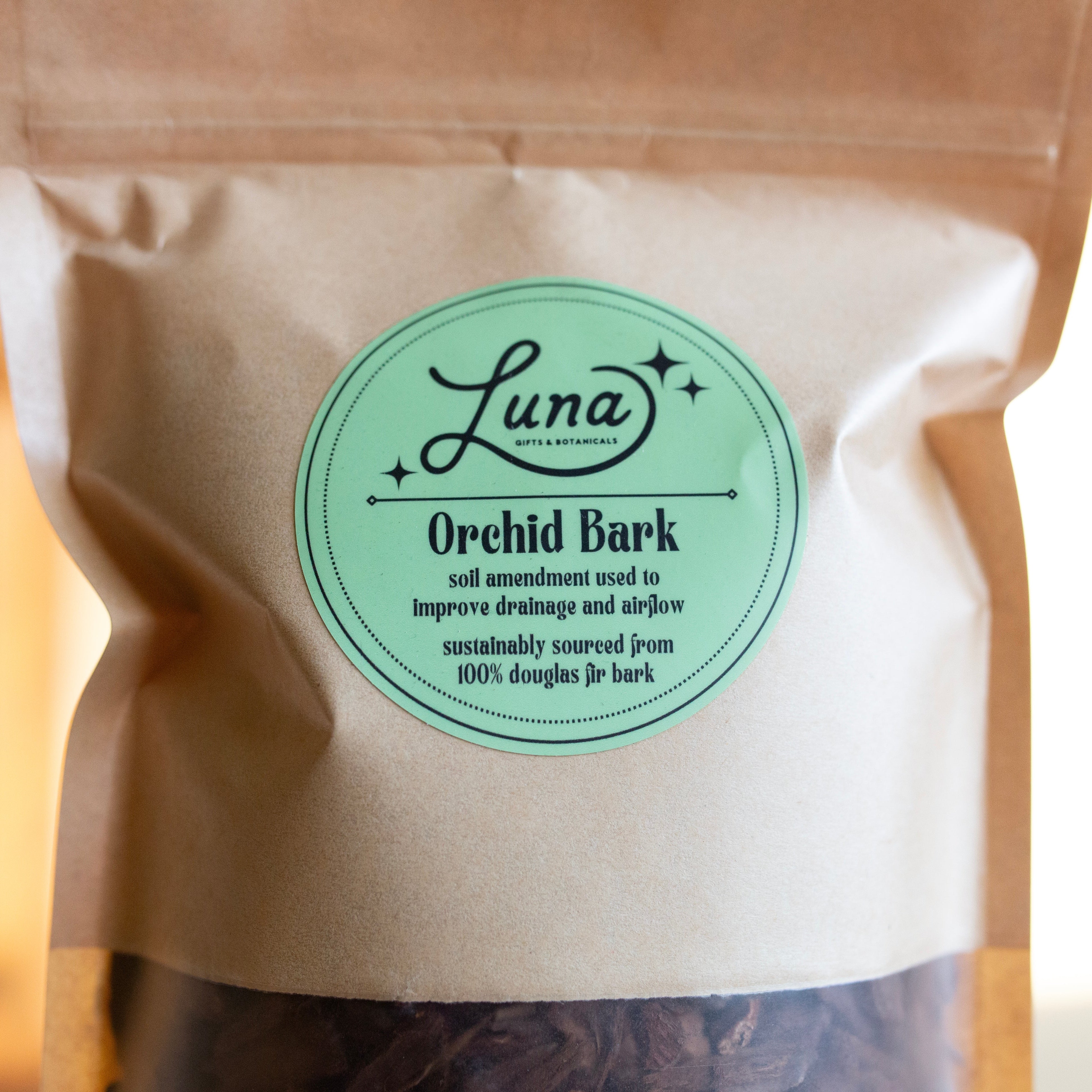 Up close shot of the orchid bark label, the label contents are in the products description.
