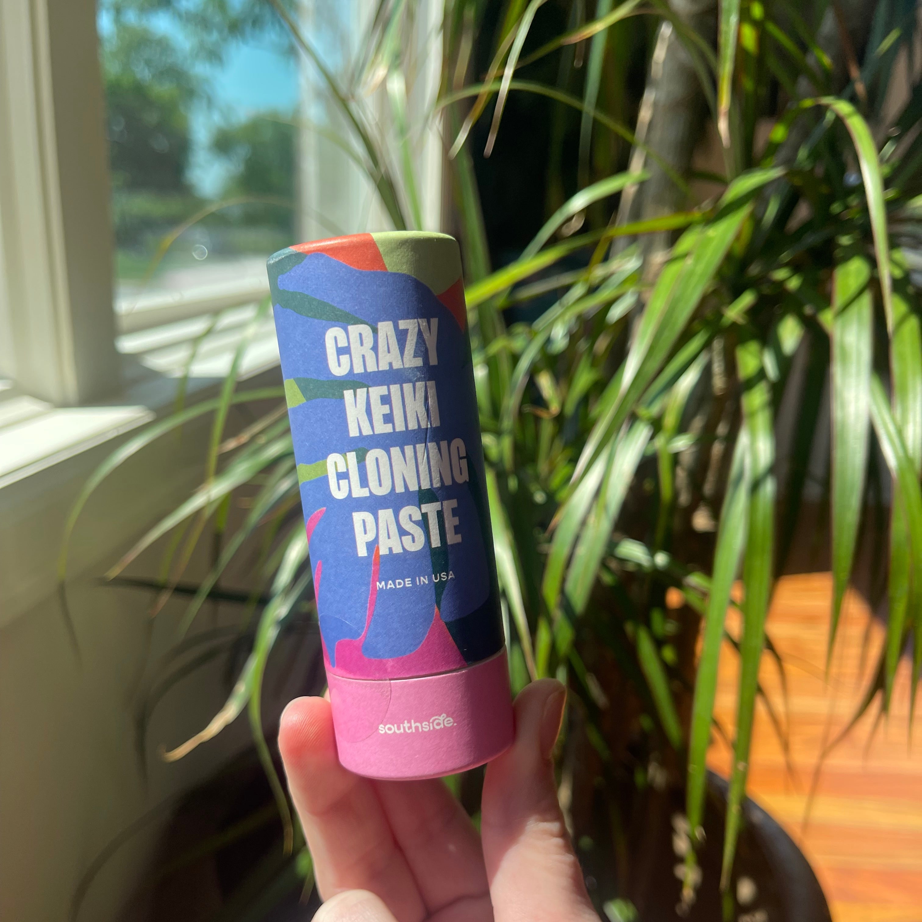 Person holding a tube of 'Crazy Keiki Cloning Paste' in front of a plant